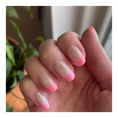 Olive & June Instant Mani Press On Nails (Glue) | Short | Round 42 Fake Nails, 21 Sizes Non-Toxic, Long-Lasting Recycled Materials Realistic Look | Pink Chrome French