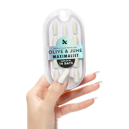 Olive & June Mani Maximalist Instant Press-On Nails | (Glue) Long Almond | 42 Fake Nails | Non-Toxic, Long-Lasting Big, Bold Gorgeous Realistic Look | Salon-Quality at Home | Iridescent Chrome