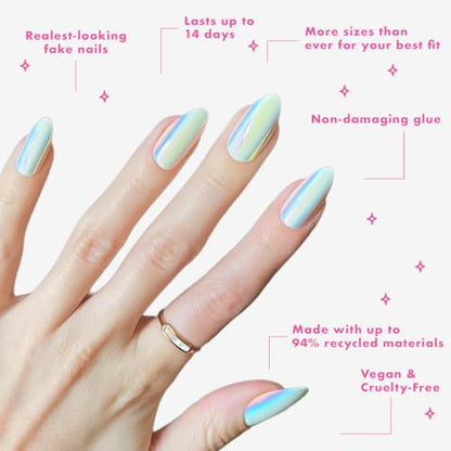 Olive & June Mani Maximalist Instant Press-On Nails | (Glue) Long Almond | 42 Fake Nails | Non-Toxic, Long-Lasting Big, Bold Gorgeous Realistic Look | Salon-Quality at Home | Iridescent Chrome