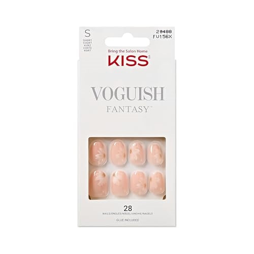 KISS Voguish Fantasy Press On Nails, ‘How to Love’, Neutral, Short Oval, Long-Lasting, Chip-Resistant, Up to 14-Day Wear, Includes 28 Fake Nails, Pink Gel Nail Glue, Mini Nail File & Manicure Stick