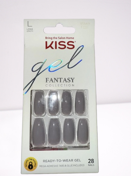 Kiss Gel Fantasy Glossy Long Length Taupe Grey Coffin Shape Glue-On Ready-To-Wear Nails FC01