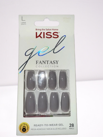 Kiss Gel Fantasy Glossy Long Length Taupe Grey Coffin Shape Glue-On Ready-To-Wear Nails FC01