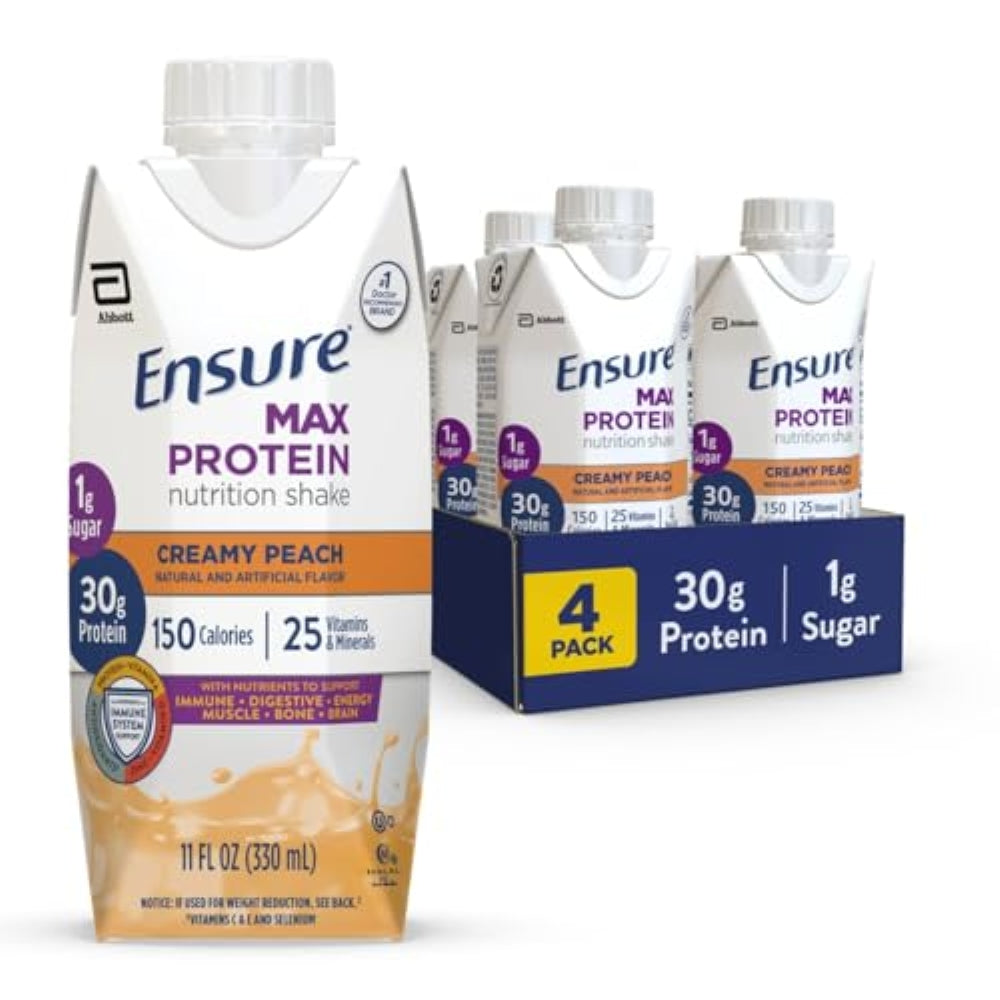 Ensure Max Protein Creamy Peach Nutrition Shake | 30g Protein, 1g Sugar, 4g Fiber Blend | 4 Pack