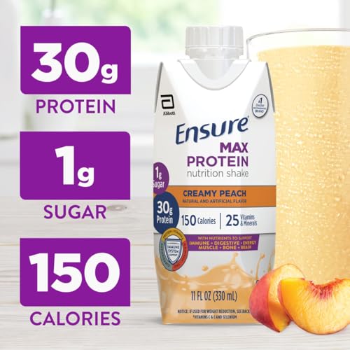 Ensure Max Protein Creamy Peach Nutrition Shake | 30g Protein, 1g Sugar, 4g Fiber Blend | 4 Pack