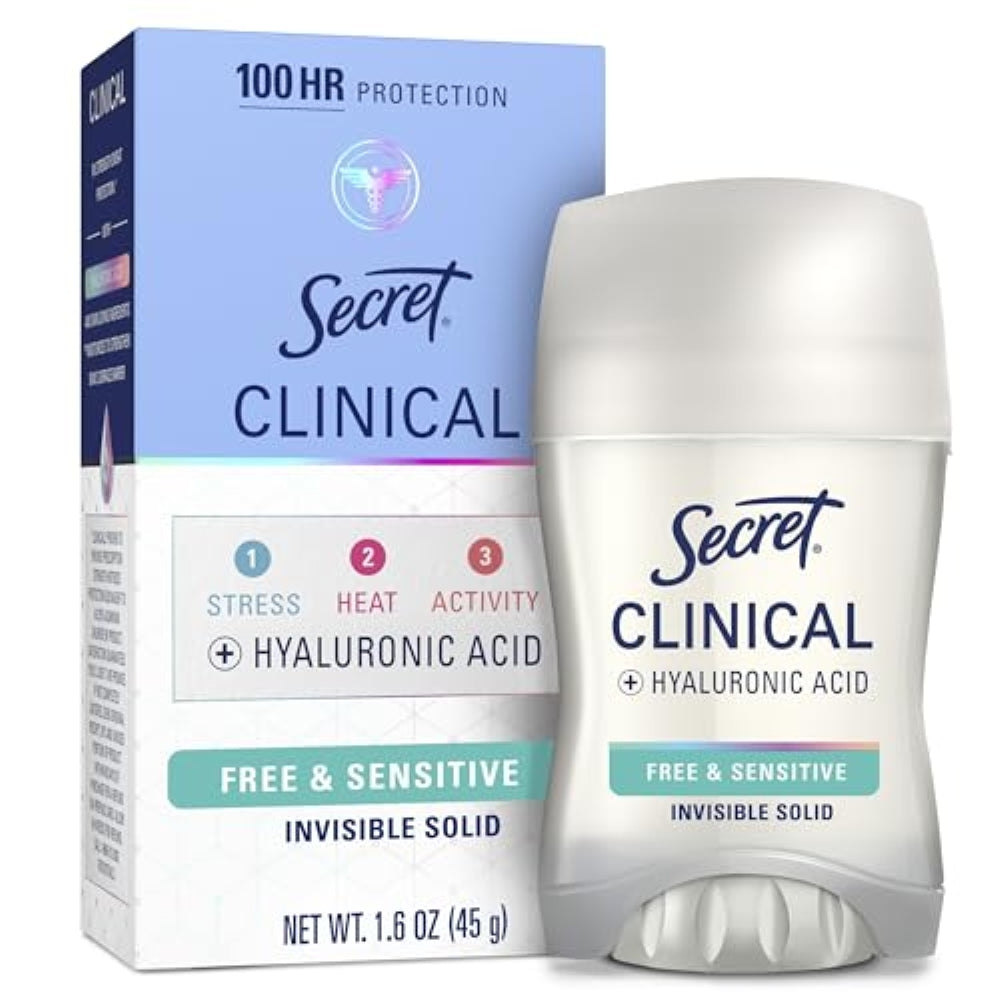 Secret Clinical Strength Antiperspirant Deodorant for Women, Free & Sensitive, 3X Stress Protection, 72hr Sweat & Odor Protection, PH Balancing Minerals, Invisible Solid, Unscented, 1.6 oz
