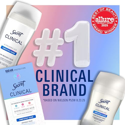 Secret Clinical Strength Antiperspirant Deodorant for Women, Free & Sensitive, 3X Stress Protection, 72hr Sweat & Odor Protection, PH Balancing Minerals, Invisible Solid, Unscented, 1.6 oz