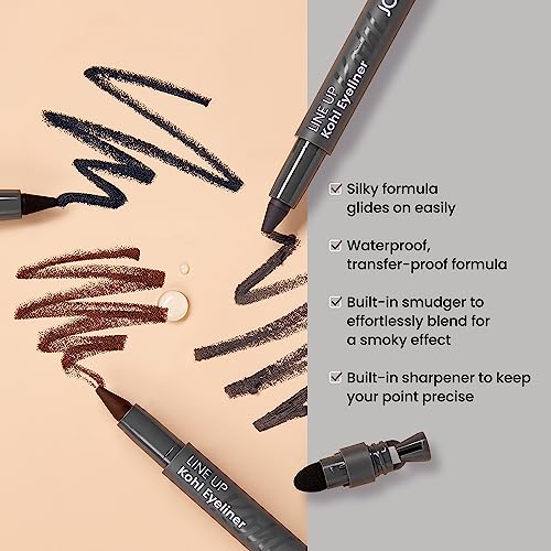JOAH Beauty LINE UP Kohl Eyeliner, Ultra-Smooth & Highly Pigmented Silky Formula, Argan Oil Infused, Longwear, Transfer-Proof, Waterproof, Built-In Smudger & Sharpener - Blackest Black