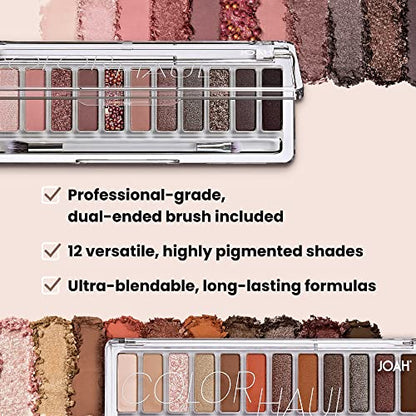 JOAH Color Haul Eyeshadow Palette, Travel Size Eye Makeup Kit, Matte & Shimmer Eyeshadow, Korean Makeup, 12 Highly Pigmented, Super Bendable Gold & Bronze Colors, Includes Brush, Get Rich Quick