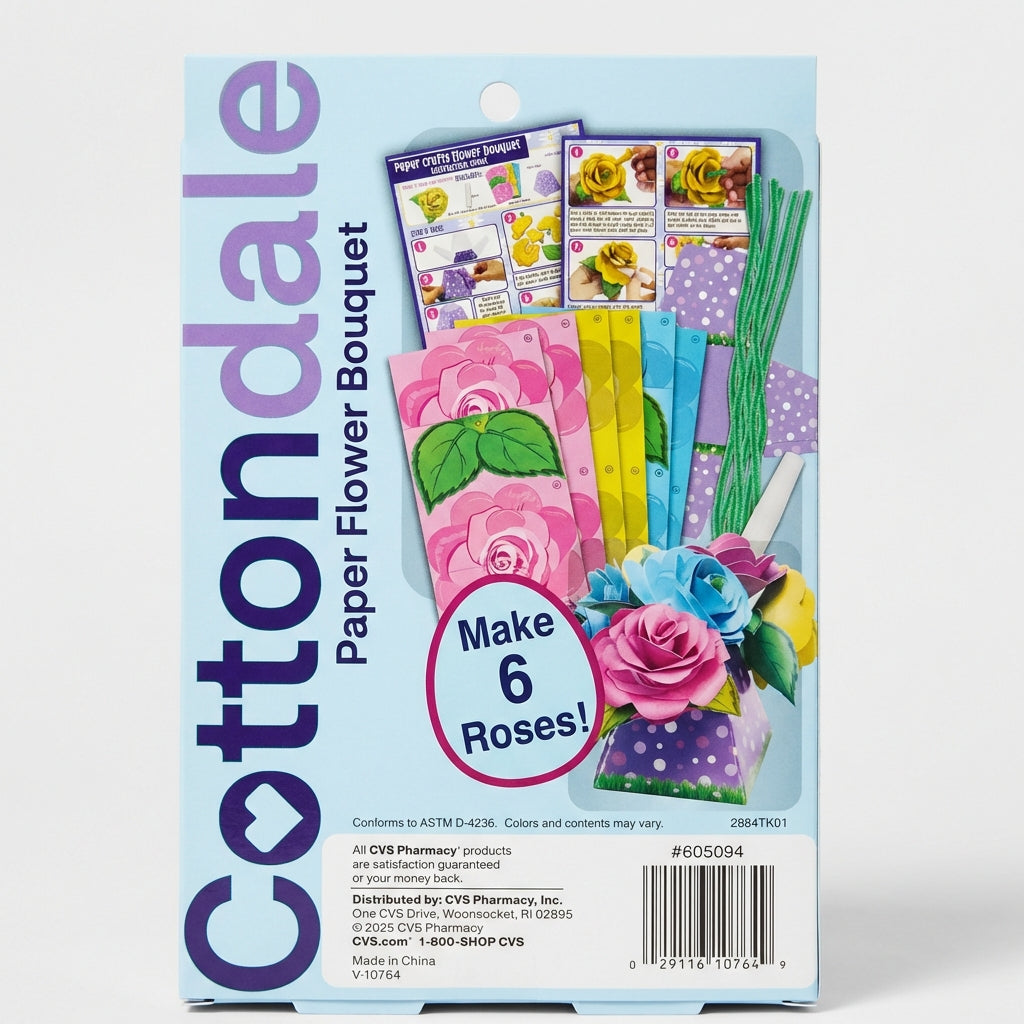 Cottondale Paper Flower Bouquet DIY Craft Kit - Make 6 Roses Kids Activity Set, 12 Paper Sheets, 6 Pipe Cleaners, 1 Desigh Sheet, 1 Paper Vase & 1 Glue Tube