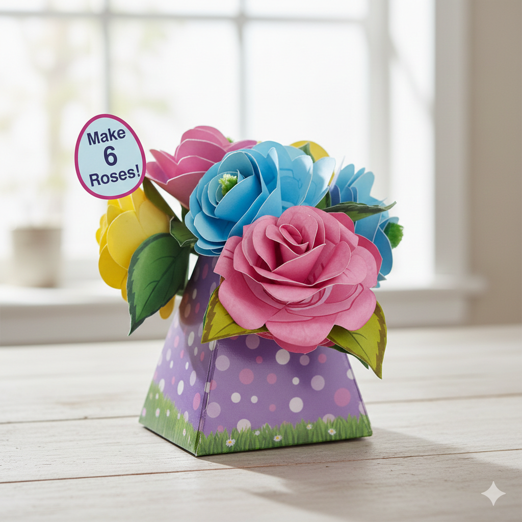 Cottondale Paper Flower Bouquet DIY Craft Kit - Make 6 Roses Kids Activity Set, 12 Paper Sheets, 6 Pipe Cleaners, 1 Desigh Sheet, 1 Paper Vase & 1 Glue Tube