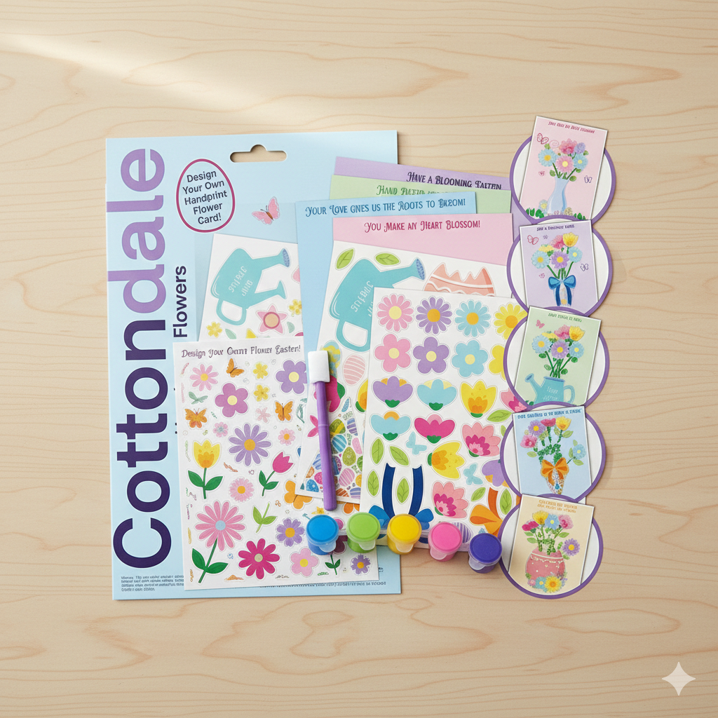 Cottondale Handprint Flowers Craft Kit DIY Kid Keepsake Greeting Cards, 5 Cards, 2 Pop Out Cards, 2 Glue Dot Sheets, 2 Stickers Sheets, 1q Paint Brush & 5 Paintpods