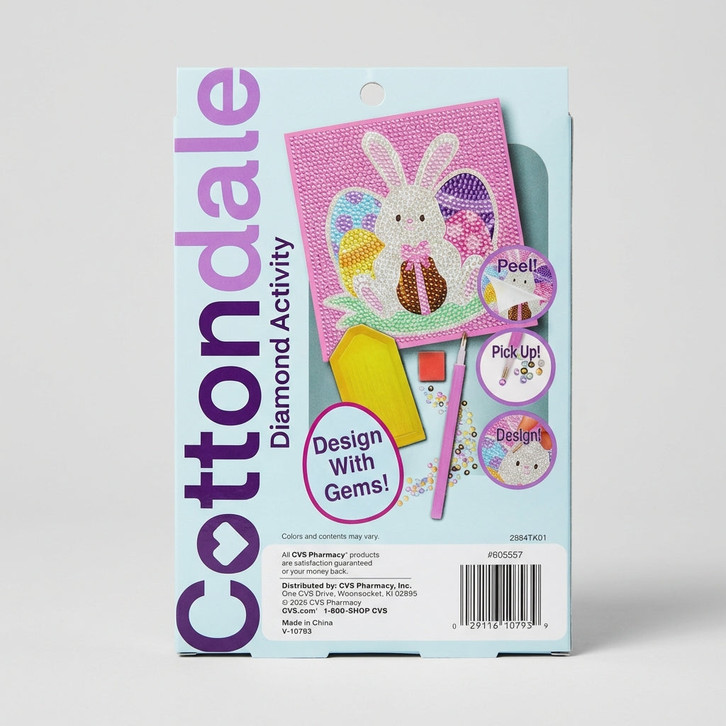 Cottondale Diamond Activity Gem Art Kit Easter Bunny DIY Craft Set For Kids 6+, 1 Scene, 1 Stylus, 1 Wax Square, 1 Tray & 13 Gem Packs