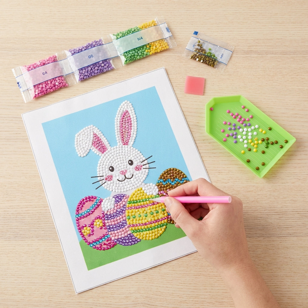 Cottondale Diamond Activity Gem Art Kit Easter Bunny DIY Craft Set For Kids 6+, 1 Scene, 1 Stylus, 1 Wax Square, 1 Tray & 13 Gem Packs