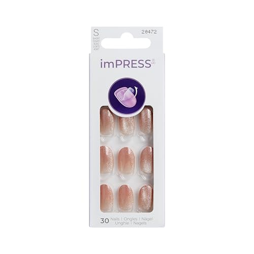 KISS imPRESS Press On Nails, ‘My Go To’, Magnetic, Short Oval, No Glue Needed, Up to 10-Day Hold, Chip-Resistant, Easy Peel & Press, Includes 30 Fake Nails, Prep Pad, Mini Nail File & Manicure Stick