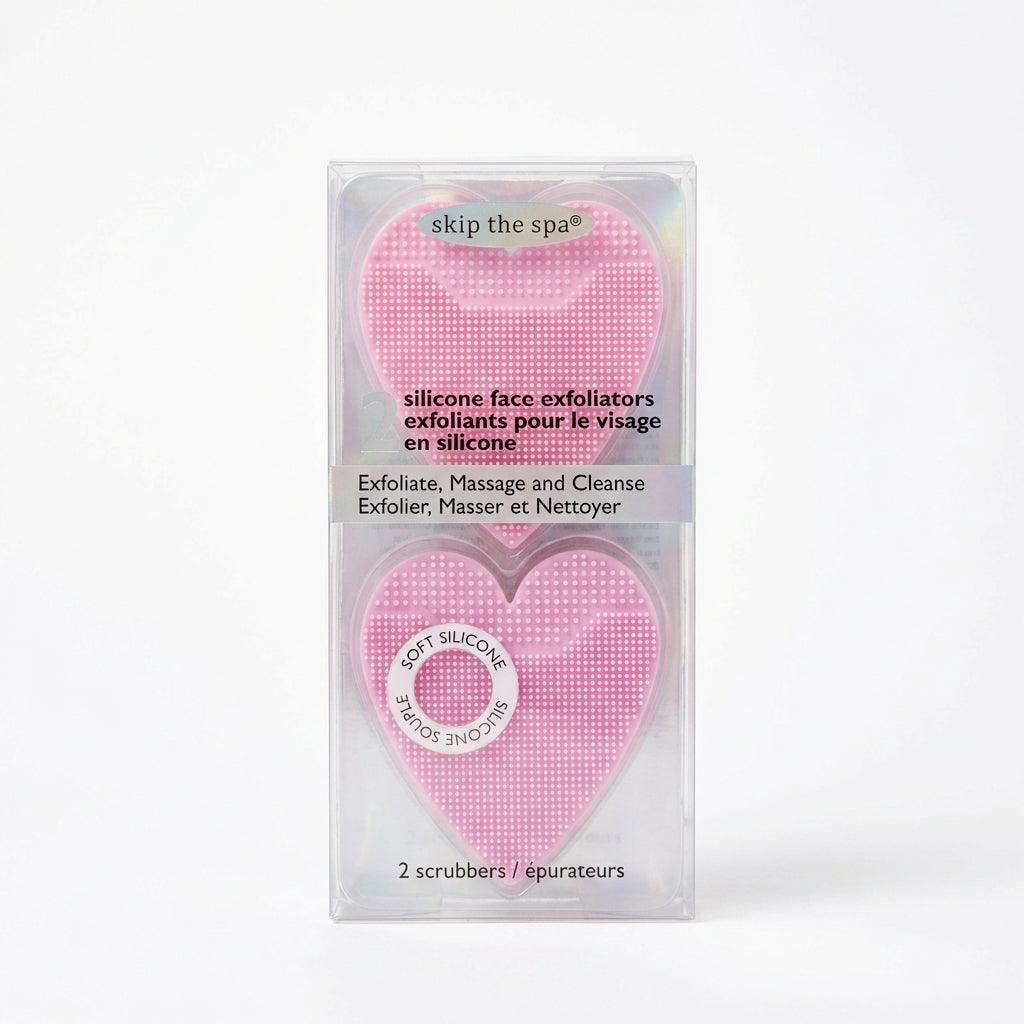 Skip The Spa Silicone Face Exfoliators Heart Shaped Scrubbers 2-Pack Pink and Purple