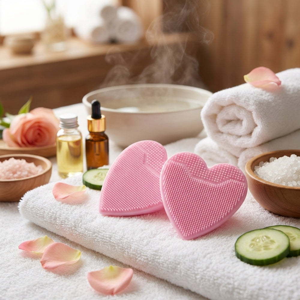 Skip The Spa Silicone Face Exfoliators Heart Shaped Scrubbers 2-Pack Pink and Purple