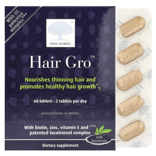 NEW NORDIC Hair GRO, Hair Growth Supplement, Biotin & Palm Fruit Extract Tocotrienols for Natural Regrowth, 60 Count (Pack of 1)