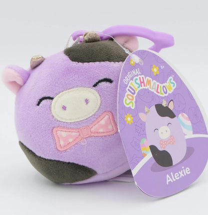 Squishmallows Alexie the Cow Plush Keychain, 3.5 Inch Clip-on, Purple and Black with Bowtie
