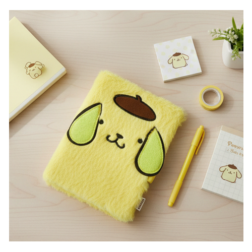 Sanrio Pompompurin Fuzzy Plush Diary Journal With Lock And Key Yellow Notebook