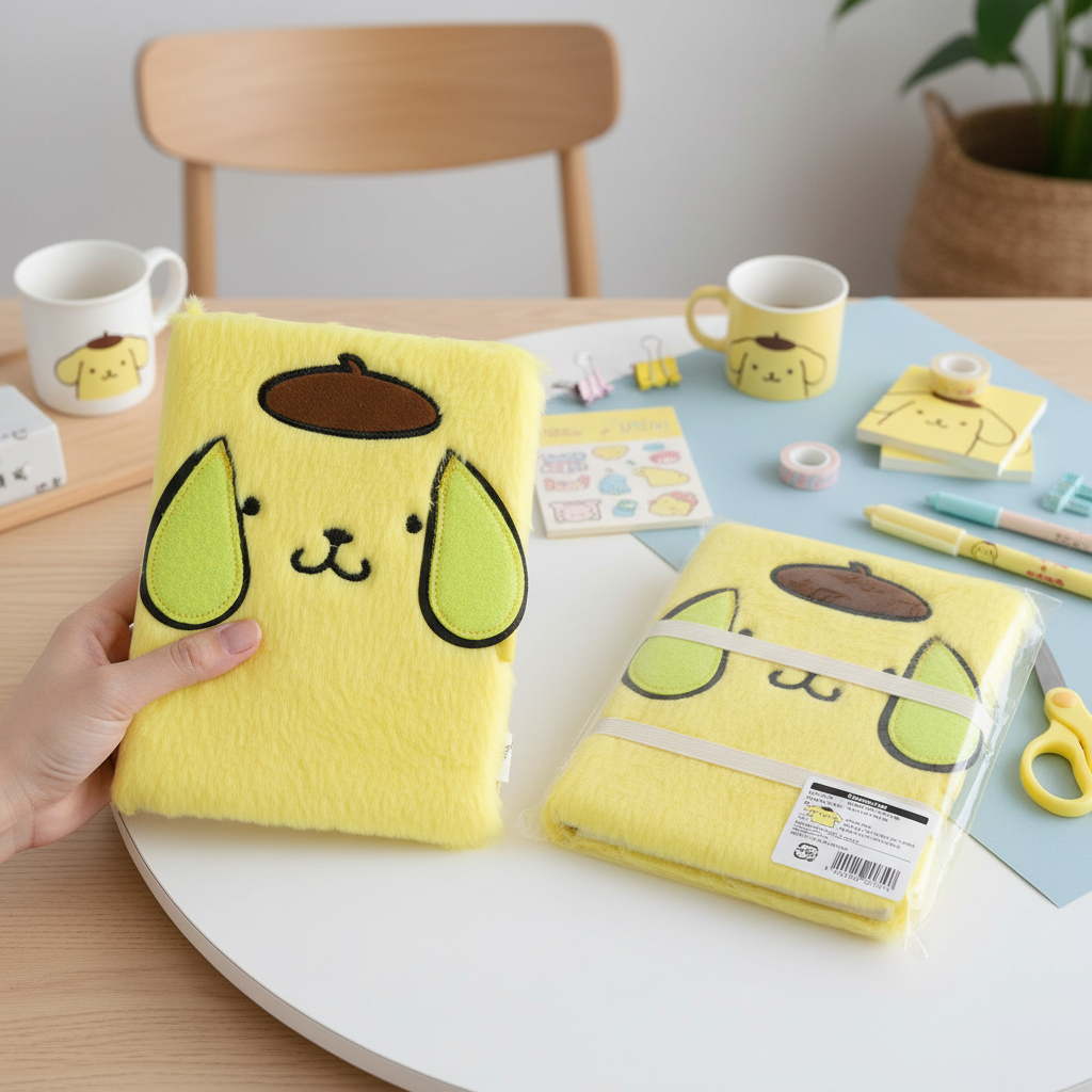 Sanrio Pompompurin Fuzzy Plush Diary Journal With Lock And Key Yellow Notebook