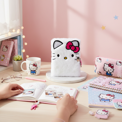 Hello Kitty Plush Lock Diary Sanrio Fuzzy Journal Secret Notebook With Keys