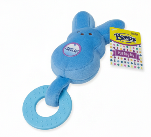 Peeps Blue Bunny Plush Squeaker Pull Ring Dog Toy Just Born Pet Play Toy