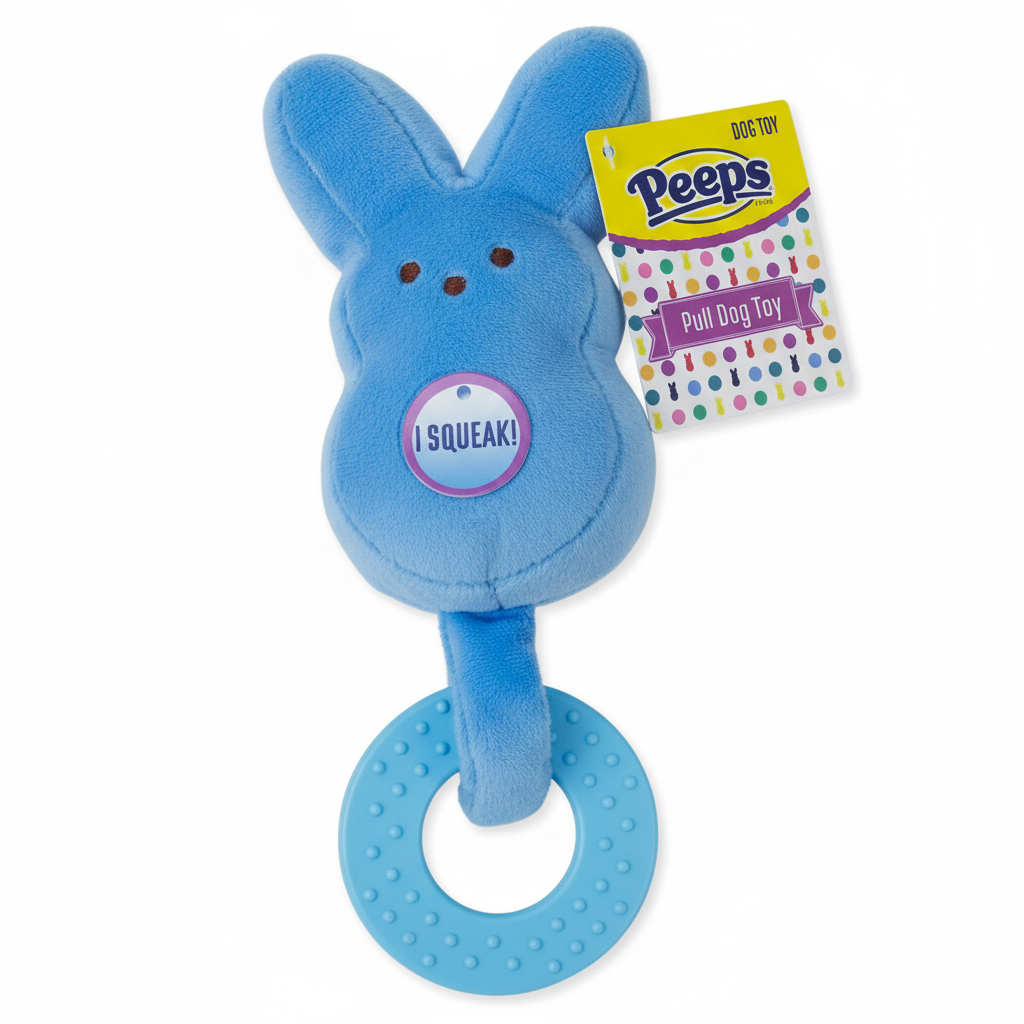 Peeps Blue Bunny Plush Squeaker Pull Ring Dog Toy Just Born Pet Play Toy