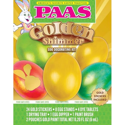 PAAS Golden Shimmer Egg Decorating Kit – Add a Shiny Gold Touch to Your Easter Eggs with 24 Gold Stickers and 2 Pouches of Gold Paint