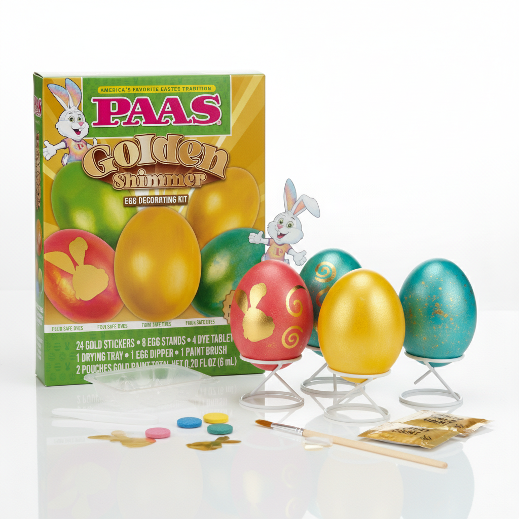 PAAS Golden Shimmer Egg Decorating Kit – Add a Shiny Gold Touch to Your Easter Eggs with 24 Gold Stickers and 2 Pouches of Gold Paint