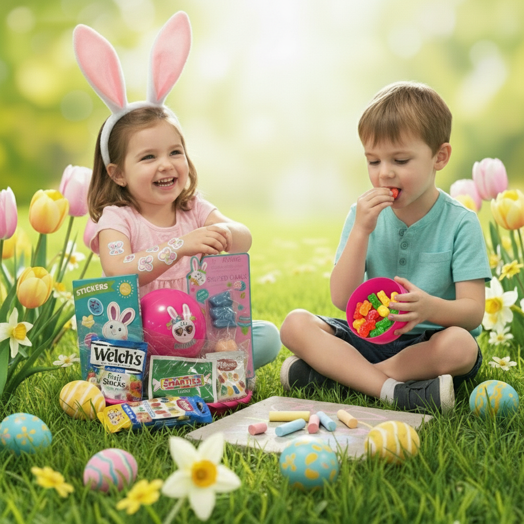 Megatoys Bunny Ear Easter Basket Gift Set With Candy Stickers And Chalk Pink