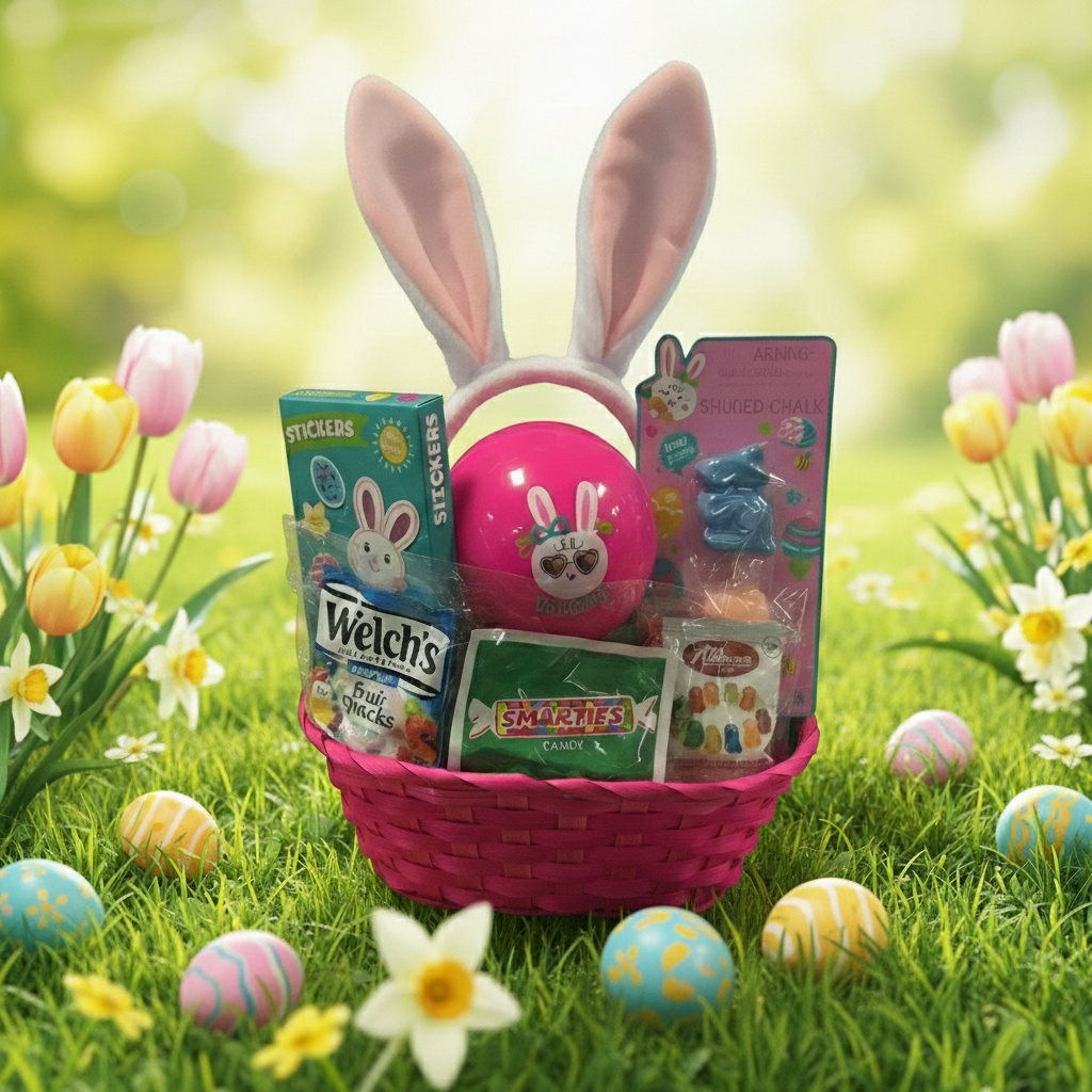 Megatoys Bunny Ear Easter Basket Gift Set With Candy Stickers And Chalk Pink