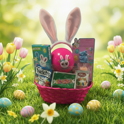 Megatoys Bunny Ear Easter Basket Gift Set With Candy Stickers And Chalk Pink