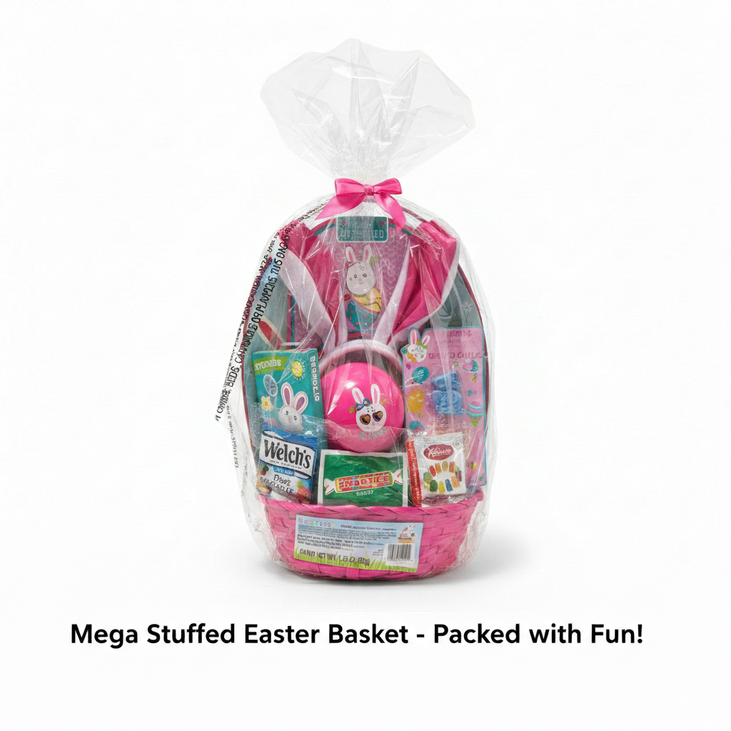 Megatoys Bunny Ear Easter Basket Gift Set With Candy Stickers And Chalk Pink
