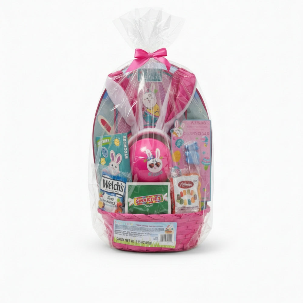 Megatoys Bunny Ear Easter Basket Gift Set With Candy Stickers And Chalk Pink