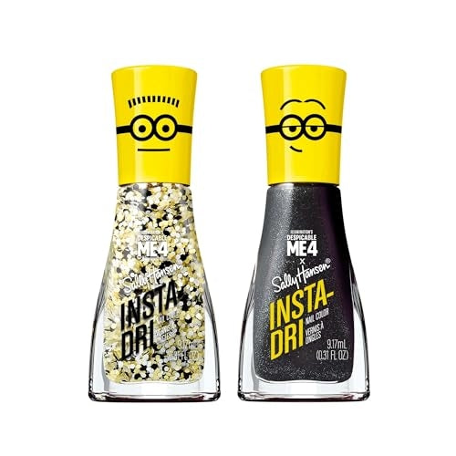 Sally Hansen Insta-Dri Despicable Me Nail Polish | Quick Dry, Long Lasting, Streak-Free Shine | Opaque, Glittery | 771 Gogglicious + 772 Deeply Despicable | Glittery White & Black Shimmer Nail Duo