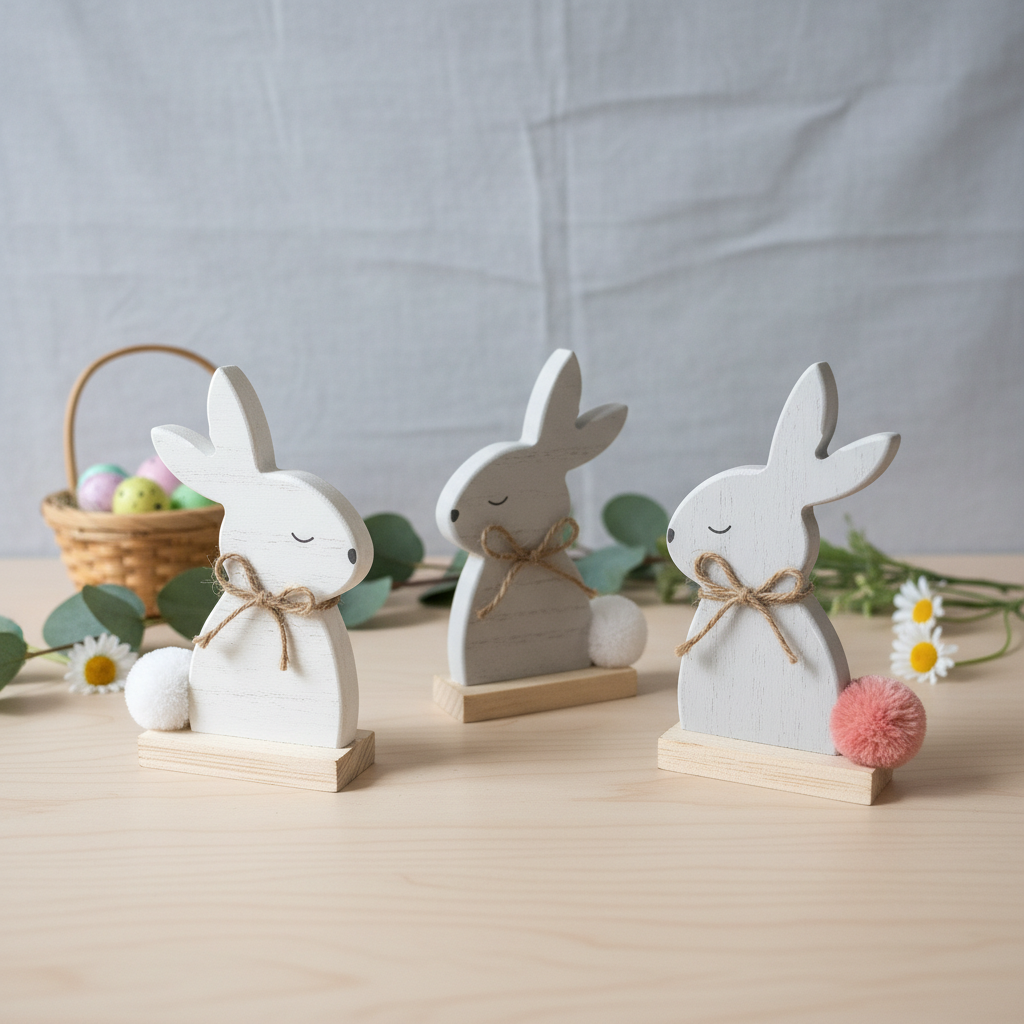 4 Pack White Wooden Easter Bunny Table Decor 6" Rustic Rabbit Figurines Set