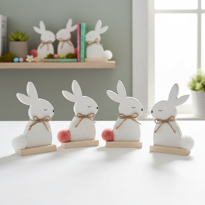 4 Pack White Wooden Easter Bunny Table Decor 6" Rustic Rabbit Figurines Set