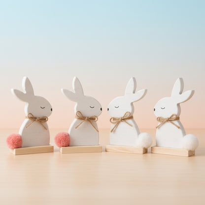 4 Pack White Wooden Easter Bunny Table Decor 6" Rustic Rabbit Figurines Set