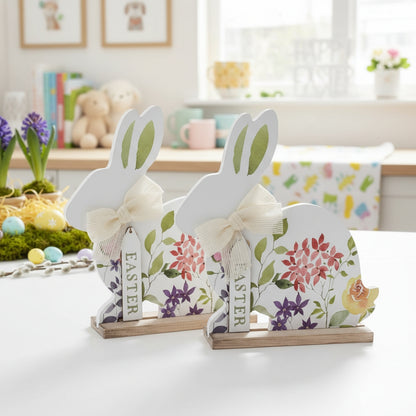 2 Pack White Wooden Easter Bunny Table Decor 8" Rustic Rabbit Figurines Set