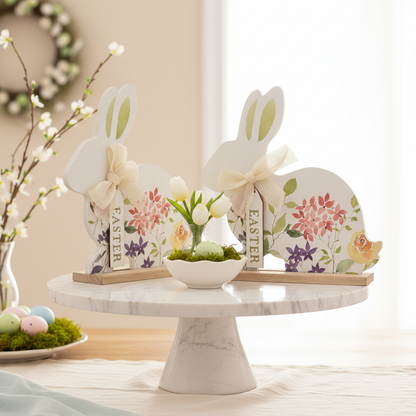 2 Pack White Wooden Easter Bunny Table Decor 8" Rustic Rabbit Figurines Set