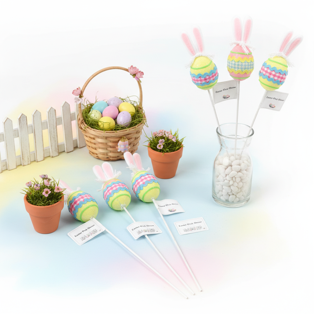 4 Pack 16 Inch Easter Bunny Egg Floral Picks Pastel Glitter Decorative Stems