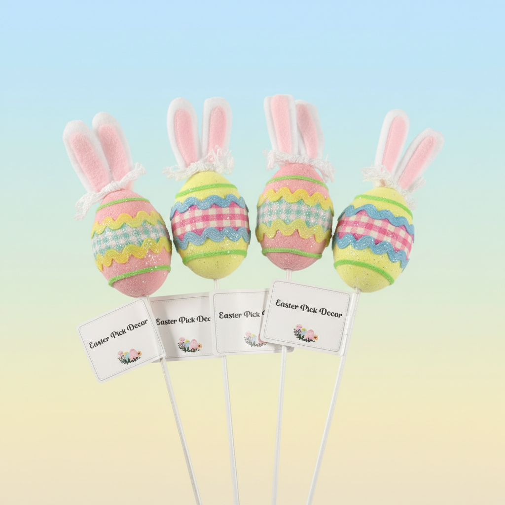 4 Pack 16 Inch Easter Bunny Egg Floral Picks Pastel Glitter Decorative Stems