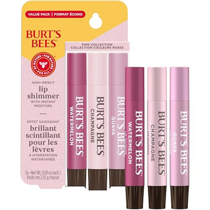 Burt's Bees Lip Shimmer Pink Collection, Tinted Lip Balm Stick, Moisturizing for All Day Hydration with Natural Glowy Pigmented Finish & Buildable Color, 3 Shades; Value Pack, 3 Tubes x 0.09 Oz