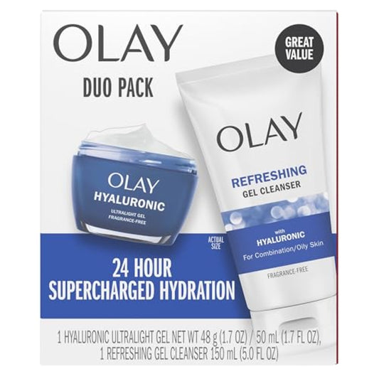 Olay Hyaluronic Duo Pack, Refreshing Gel Face Wash, Fragrance-Free 5 fl oz, Hyaluronic Ultralight Gel Face Moisturizer, Fragrance-Free 1.7 oz