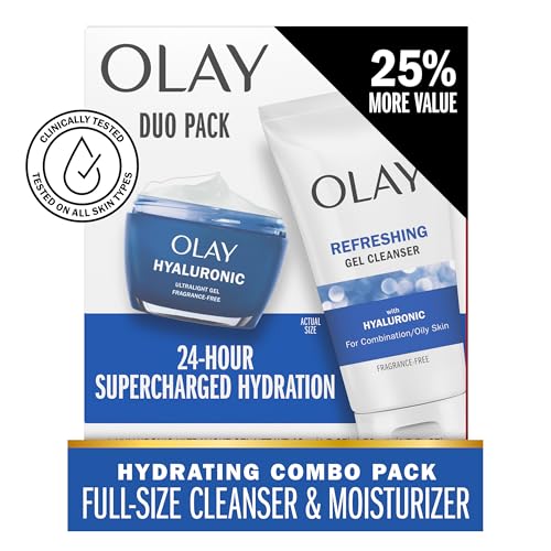 Olay Hyaluronic Duo Pack, Refreshing Gel Face Wash, Fragrance-Free 5 fl oz, Hyaluronic Ultralight Gel Face Moisturizer, Fragrance-Free 1.7 oz