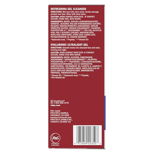 Olay Hyaluronic Duo Pack, Refreshing Gel Face Wash, Fragrance-Free 5 fl oz, Hyaluronic Ultralight Gel Face Moisturizer, Fragrance-Free 1.7 oz