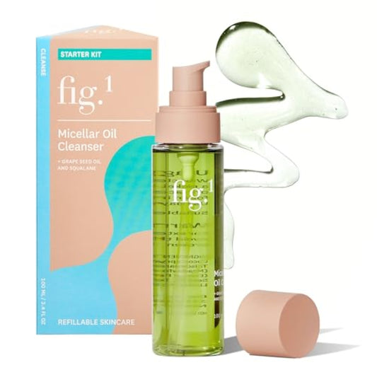 Fig.1 Micellar Oil Cleanser for Face - Makeup Remover Cleansing oil, Facial Cleanser - Squalane & Grapeseed Oil Formula, Cleanse without Clogging Pores, Acne-Prone Facial Skincare, Refillable 3.4 Oz