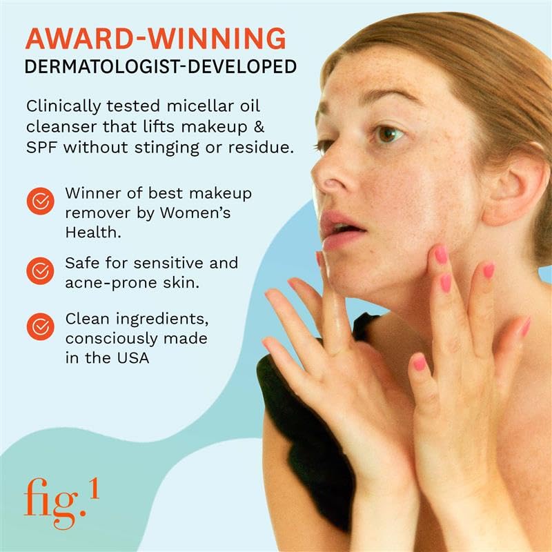 Fig.1 Micellar Oil Cleanser for Face - Makeup Remover Cleansing oil, Facial Cleanser - Squalane & Grapeseed Oil Formula, Cleanse without Clogging Pores, Acne-Prone Facial Skincare, Refillable 3.4 Oz