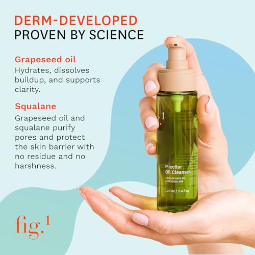 Fig.1 Micellar Oil Cleanser for Face - Makeup Remover Cleansing oil, Facial Cleanser - Squalane & Grapeseed Oil Formula, Cleanse without Clogging Pores, Acne-Prone Facial Skincare, Refillable 3.4 Oz
