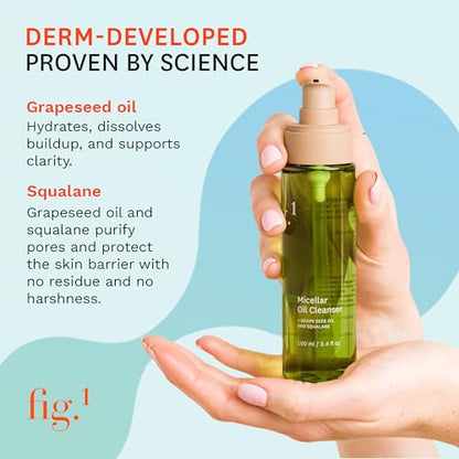 Fig.1 Micellar Oil Cleanser for Face - Makeup Remover Cleansing oil, Facial Cleanser - Squalane & Grapeseed Oil Formula, Cleanse without Clogging Pores, Acne-Prone Facial Skincare, Refillable 3.4 Oz